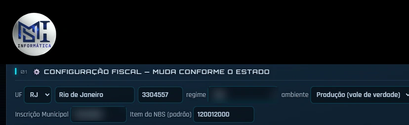 Tela de configuração fiscal de um sistema de nota com o campo Item da NBS ao lado da inscrição municipal