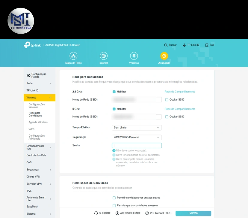 Painel do roteador TP-Link Archer AX12 na tela Rede para Convidados, com as faixas de 2,4 GHz e 5 GHz habilitadas e as permissões de convidado