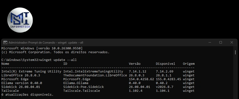 Prompt de Comando com o winget update listando o Ollama versão 0.40.0 e a 0.40.2 disponível, para rodar IA local no PC