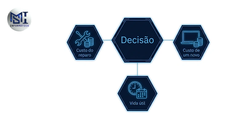 Esquema comparando custo do reparo e vida útil ao decidir consertar ou trocar o computador