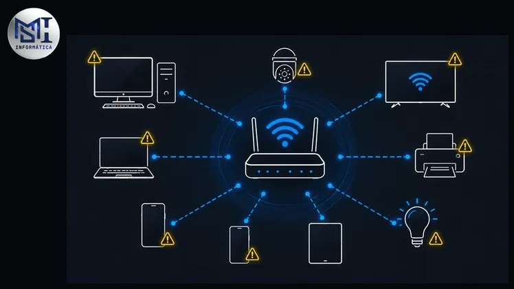 Diagrama de rede doméstica com múltiplos dispositivos conectados e pontos de vulnerabilidade destacados