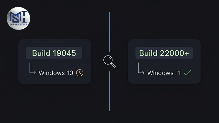 Esquema comparando o número da build 19045 do Windows 10 com a build 22000 ou maior do Windows 11