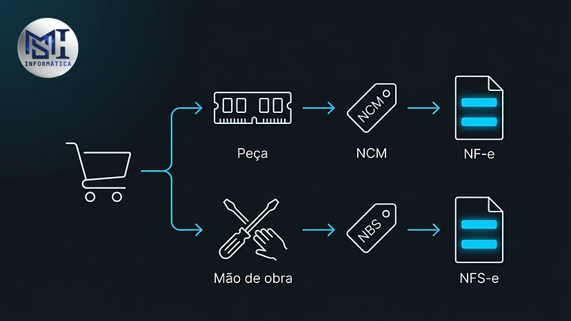 Esquema de uma venda dividida em peça e mão de obra, com o código e a nota de cada parte