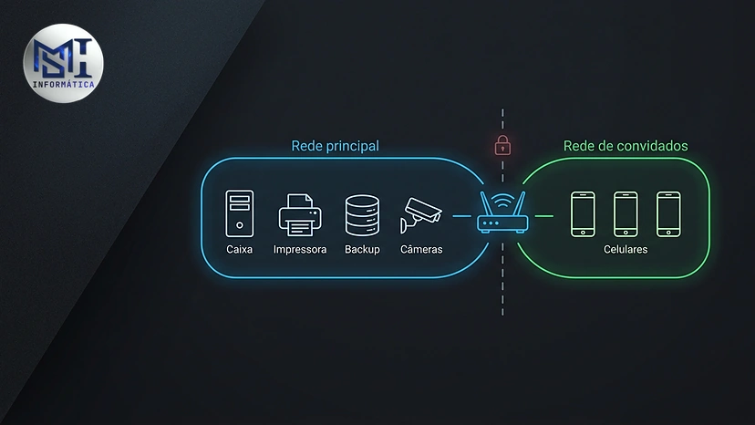 Esquema de um roteador com a rede principal ligada ao caixa, impressora, backup e câmeras e a rede de convidados só com celulares