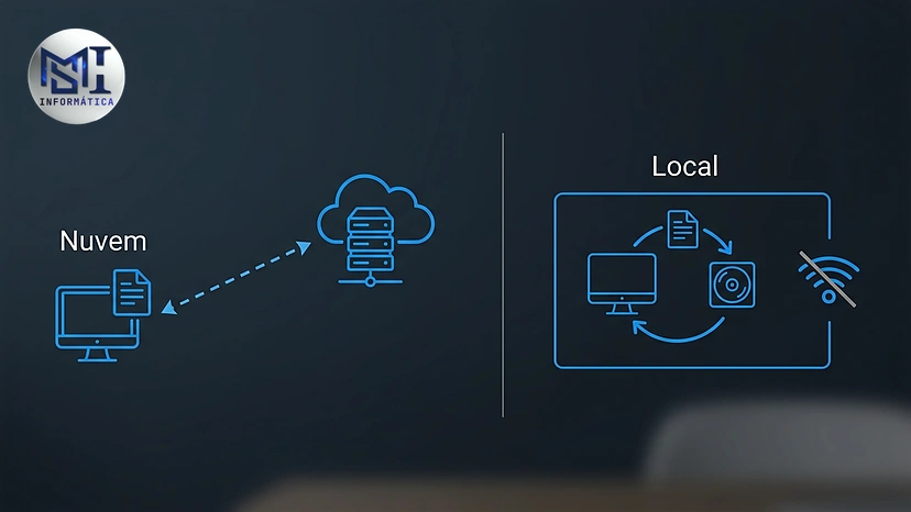 Comparação entre assistente na nuvem, com o texto saindo do PC para um servidor, e assistente local, com o texto ficando no computador