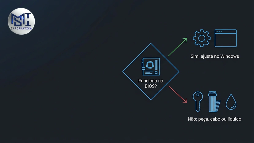 Fluxo de decisão do teste da BIOS, com um caminho para ajuste no Windows e outro para problema físico no teclado