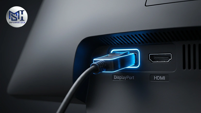 Traseira de monitor gamer com uma porta DisplayPort e uma HDMI, com o cabo DisplayPort destacado