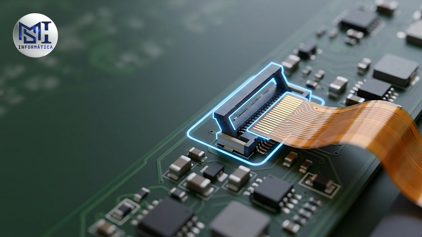 Ilustração em close do cabo flat do teclado encaixado no conector com trava da placa do notebook