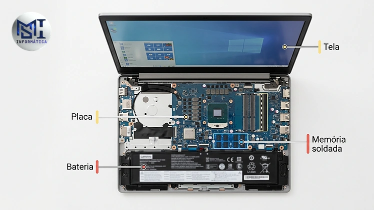 Notebook aberto mostrando peças caras e memória soldada ao decidir consertar ou trocar o computador