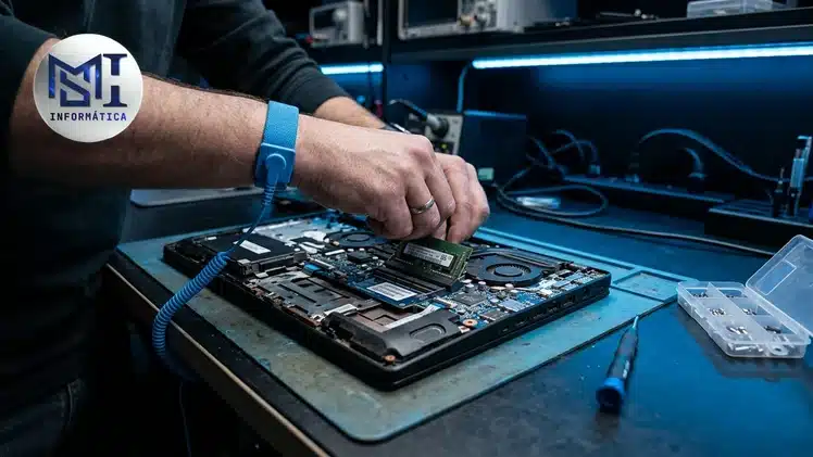 Técnico com pulseira antiestática instalando memória RAM em notebook aberto sobre a mesa, com ferramentas ao lado