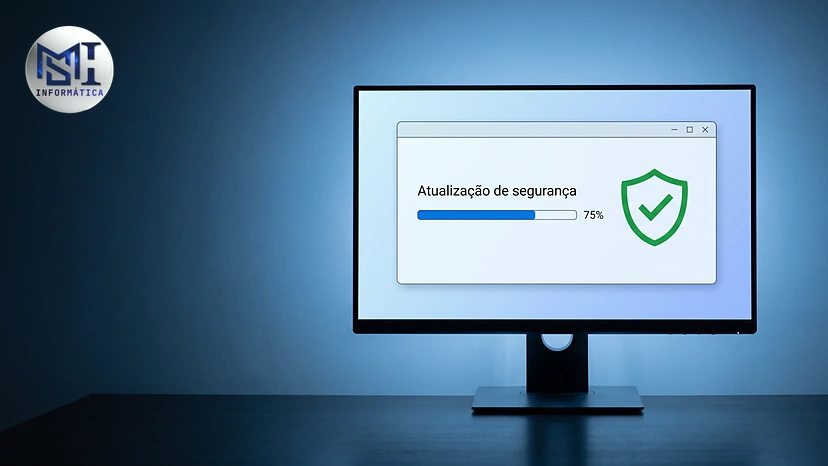 Monitor com uma atualização de segurança em andamento e o escudo de proteção, no PC de casa