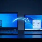 Atualizar o Windows 10 para o 11: notebook mais antigo com o menu Iniciar no canto e notebook novo com o menu no centro, ligados por uma seta de atualização