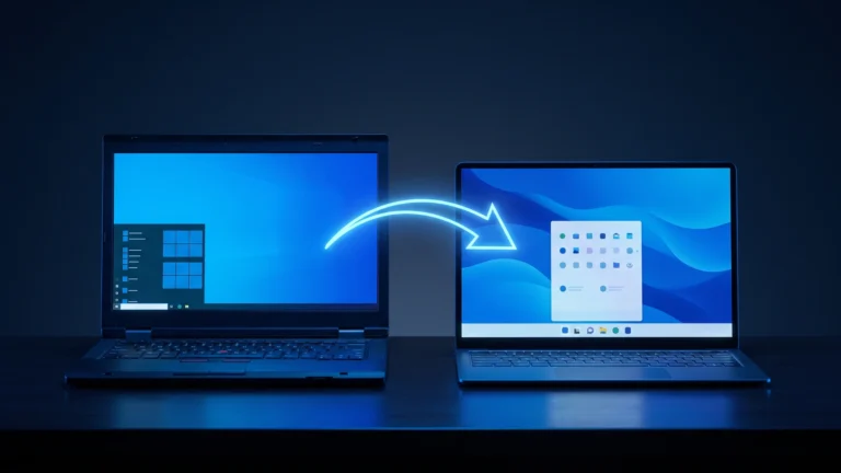 Atualizar o Windows 10 para o 11: notebook mais antigo com o menu Iniciar no canto e notebook novo com o menu no centro, ligados por uma seta de atualização