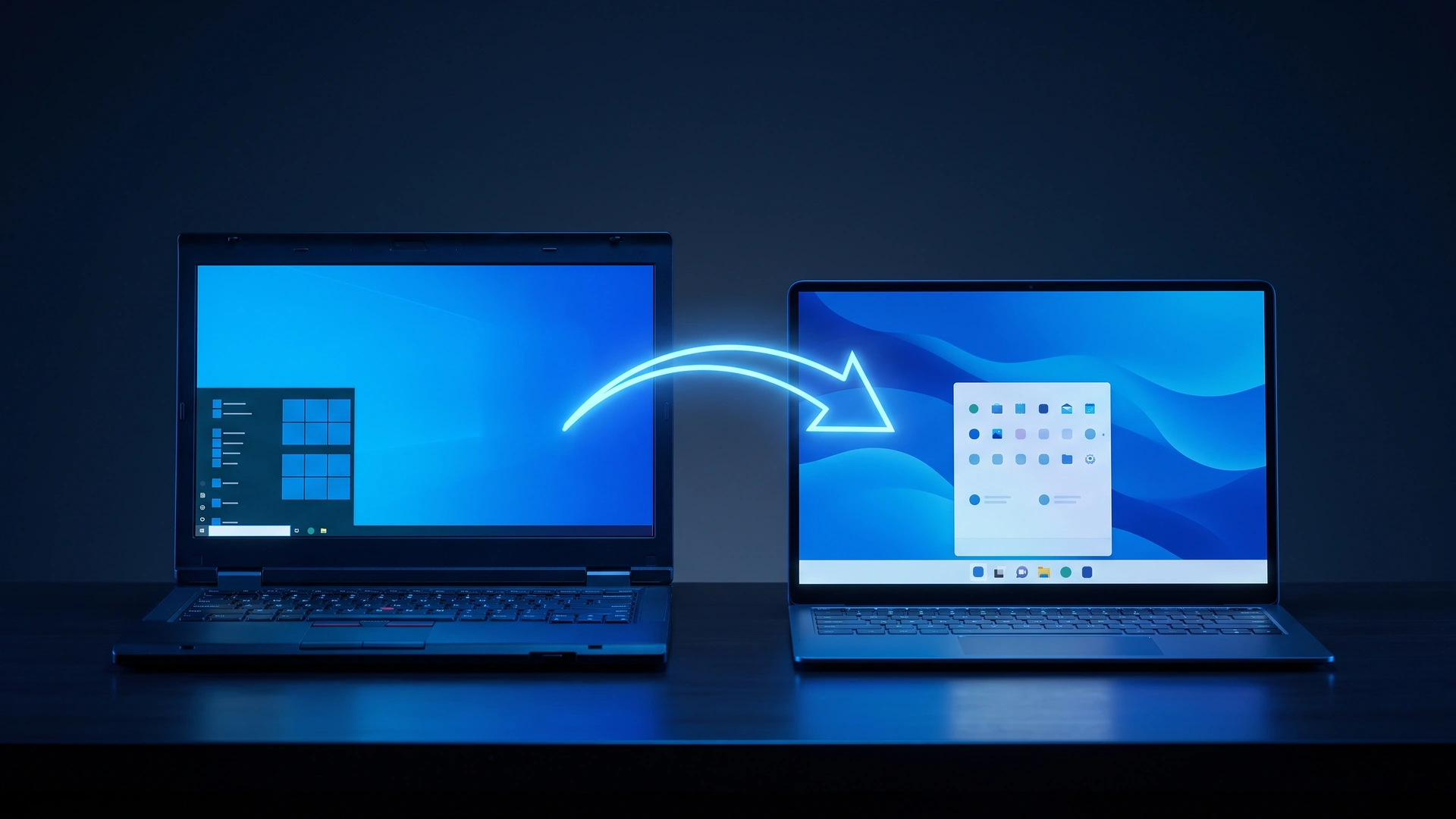 Atualizar o Windows 10 para o 11: notebook mais antigo com o menu Iniciar no canto e notebook novo com o menu no centro, ligados por uma seta de atualização