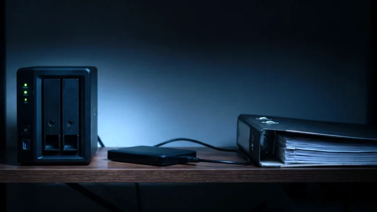NAS de duas baias e um HD externo numa estante de escritório pequeno, ao lado de pastas de documentos
