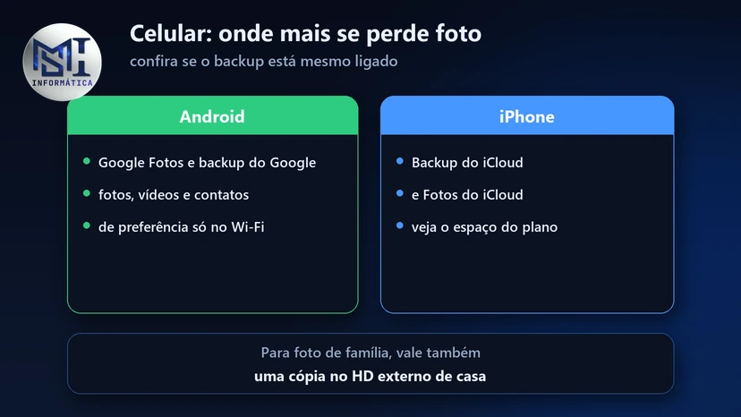 Backup do celular: Google Fotos e backup do Google no Android, Backup do iCloud e Fotos do iCloud no iPhone