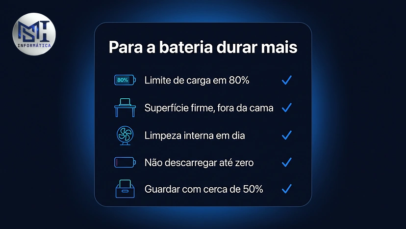 Cuidados para a bateria do notebook durar mais: limite de carga em 80%, superfície firme, limpeza e guardar com 50%