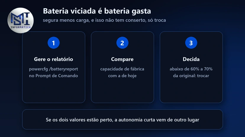 Bateria viciada é bateria gasta: gere o relatório com powercfg /batteryreport e troque se a capacidade caiu abaixo de 60% a 70%