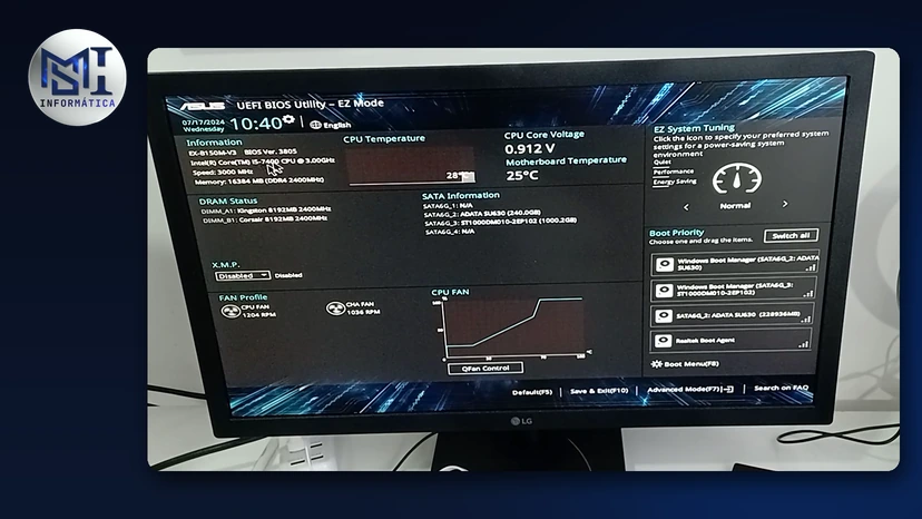 BIOS ASUS no modo EZ de um PC de cliente: memória DDR4 a 2400 MHz e o X.M.P. desligado (Disabled), no vídeo do canal