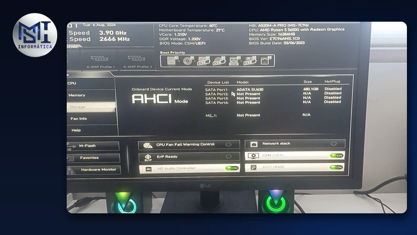 BIOS de um PC de cliente com placa-mãe A520M-A PRO (AM4) e Ryzen 5 5600G: 16 GB de memória a 2666 MHz e os perfis A-XMP, no vídeo do canal