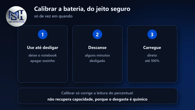 Calibrar a bateria do notebook: usar até desligar sozinho, descansar alguns minutos e carregar direto até 100%