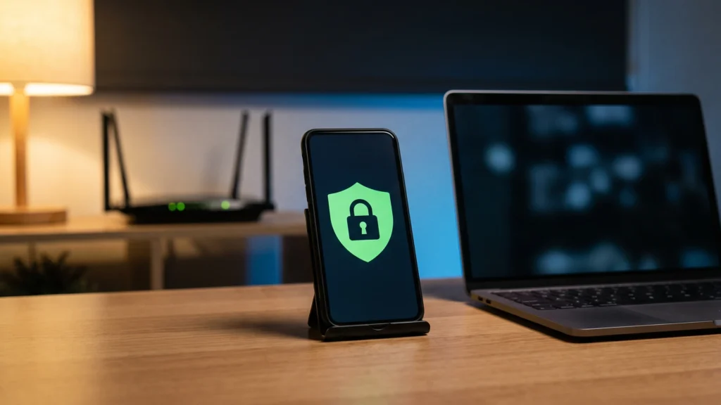 Celular e notebook numa mesa de casa, com um cadeado e um escudo na tela do celular e um roteador Wi-Fi ao fundo
