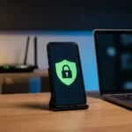 Celular e notebook numa mesa de casa, com um cadeado e um escudo na tela do celular e um roteador Wi-Fi ao fundo