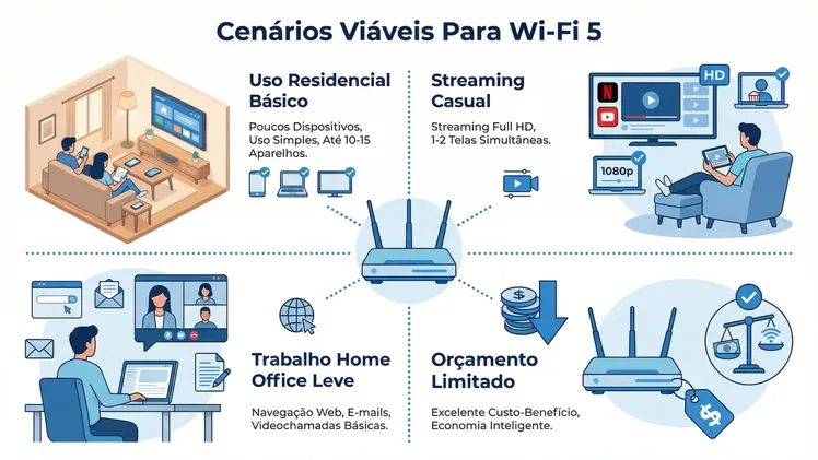 Infográfico dividido em 4 quadrantes mostrando cenários viáveis para Wi-Fi 5: uso residencial básico com poucos dispositivos (até 10-15 aparelhos), streaming casual em Full HD com 1-2 telas simultâneas, trabalho home office leve com navegação web e videochamadas básicas, e orçamento limitado destacando excelente custo-benefício, todos conectados a um roteador Wi-Fi 5 tradicional central em tons de azul