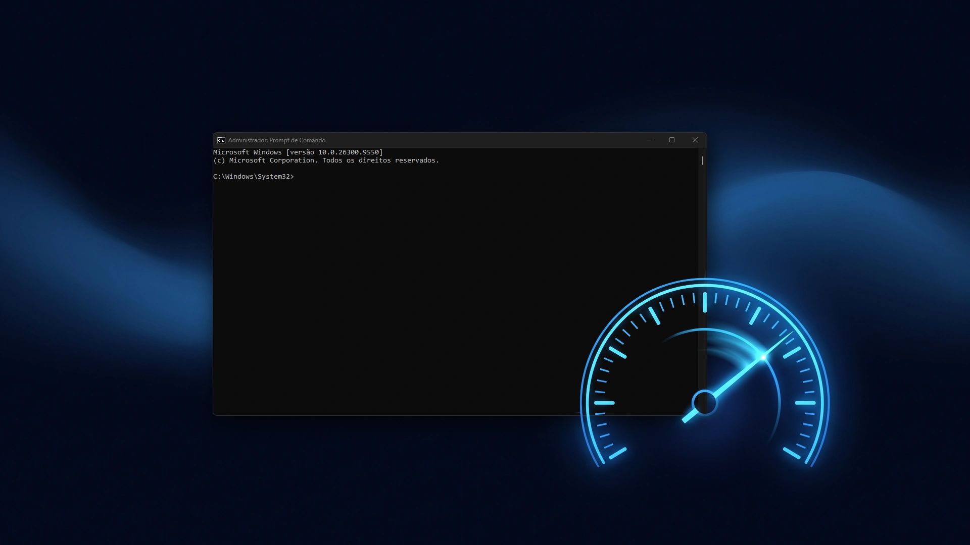 Comandos CMD para deixar o PC mais rápido: Prompt de Comando aberto como administrador no Windows 11, ao lado de um velocímetro de luz azul com o ponteiro no máximo