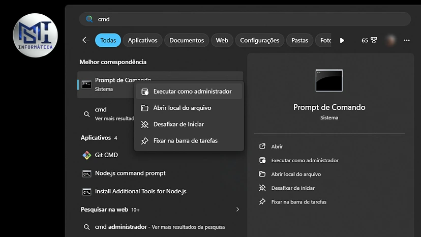 Busca do Windows 11 com cmd digitado e o Prompt de Comando em Executar como administrador, o primeiro passo dos comandos CMD para deixar o PC mais rápido