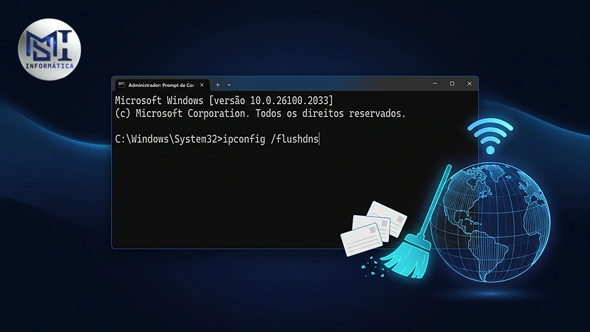 Prompt de Comando com o comando ipconfig /flushdns digitado, ao lado da lista de endereços de sites sendo apagada