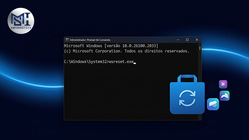 Prompt de Comando com o comando wsreset.exe digitado, ao lado de uma loja de aplicativos com a seta de atualizar