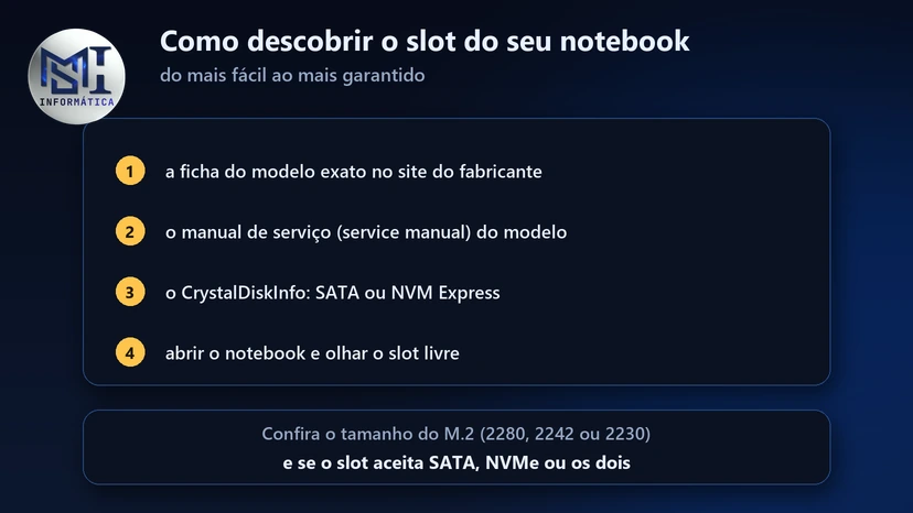 Como descobrir o slot de SSD do notebook: ficha do fabricante, manual de serviço, CrystalDiskInfo ou abrindo o notebook