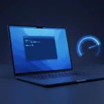 Como otimizar o Windows 11: notebook com a janela do PowerShell aberta e um medidor de desempenho em azul