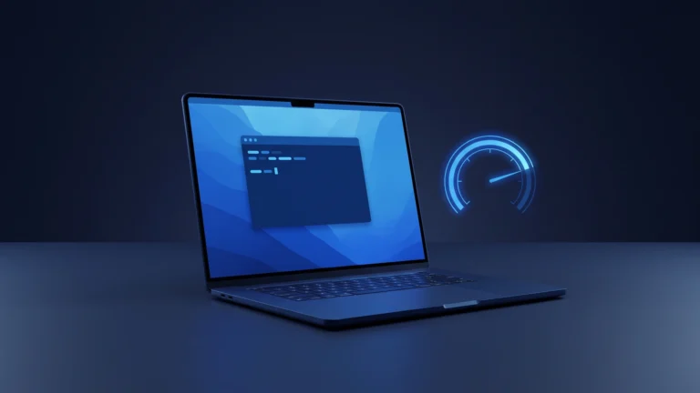 Como otimizar o Windows 11: notebook com a janela do PowerShell aberta e um medidor de desempenho em azul