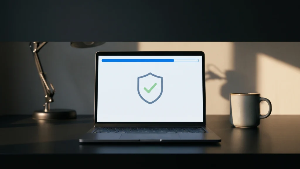 Notebook aberto numa mesa de casa com tela de configurações genérica, barra de progresso e um escudo de proteção, ilustrando como saber se o ESU está ativo