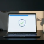 Notebook aberto numa mesa de casa com tela de configurações genérica, barra de progresso e um escudo de proteção, ilustrando como saber se o ESU está ativo