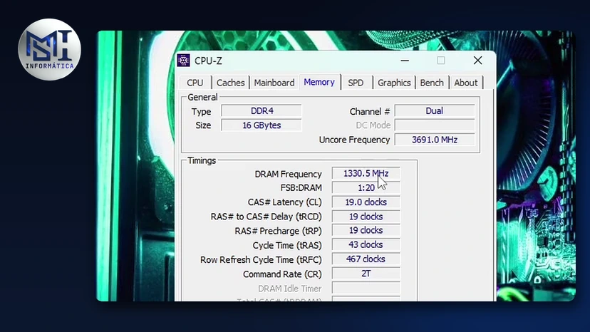 CPU-Z na aba Memory de um PC do canal: memória DDR4 de 16 GB em dual channel, no vídeo do canal