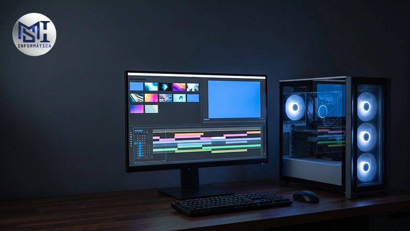 Desktop com gabinete de vidro e monitor grande com edição de vídeo aberta: o caso em que o PC de mesa ganha