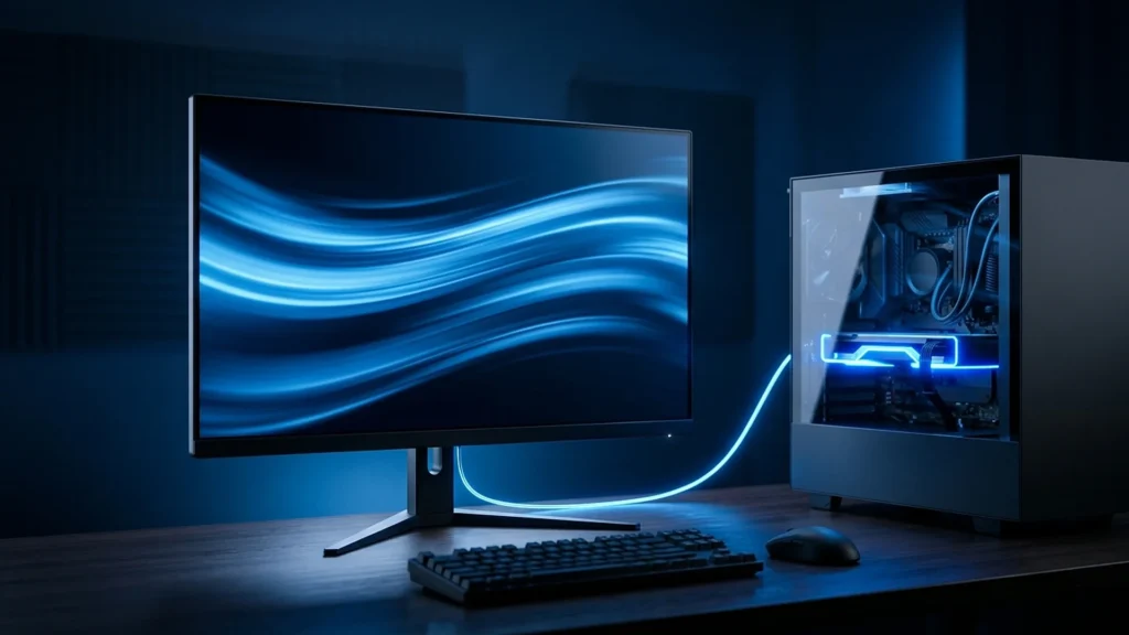 Monitor de taxa alta numa mesa escura, ligado a um PC com a placa de vídeo iluminada em azul