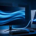 Monitor de taxa alta numa mesa escura, ligado a um PC com a placa de vídeo iluminada em azul
