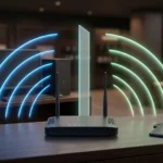 Roteador Wi-Fi sobre o balcão emitindo duas redes separadas por uma barreira de luz