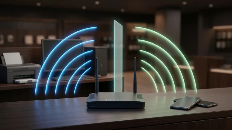 Roteador Wi-Fi sobre o balcão emitindo duas redes separadas por uma barreira de luz