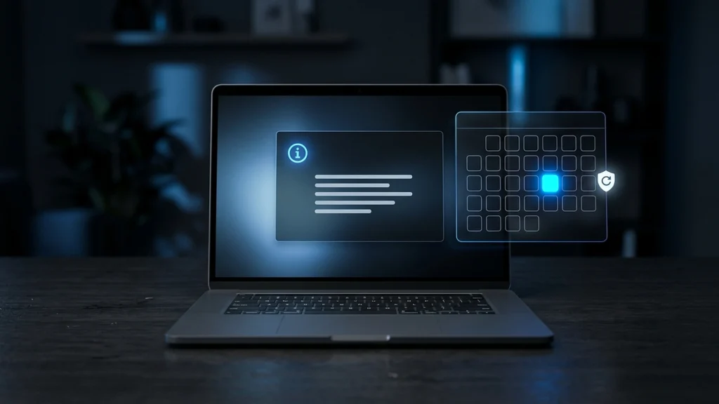 Notebook aberto com uma janela genérica de informações do sistema e um calendário iluminado ao lado