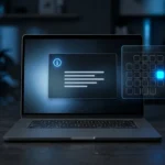 Notebook aberto com uma janela genérica de informações do sistema e um calendário iluminado ao lado
