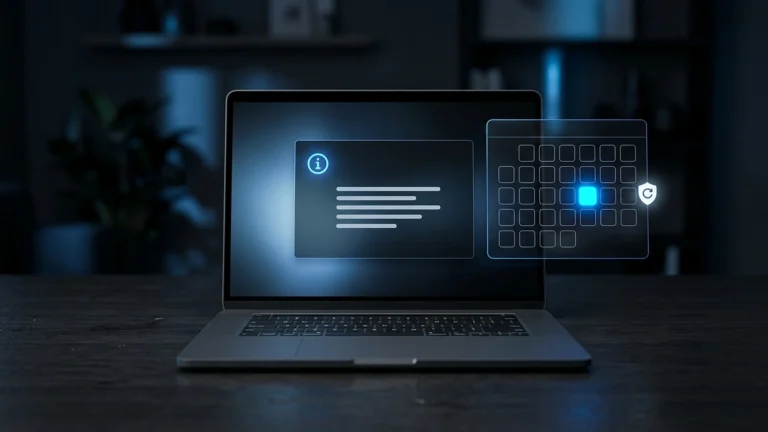 Notebook aberto com uma janela genérica de informações do sistema e um calendário iluminado ao lado