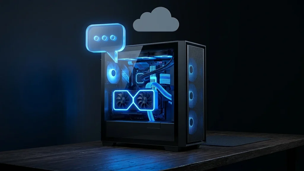 Gabinete de PC com lateral de vidro e a placa de vídeo acesa, com um balão de conversa iluminado saindo de dentro dele