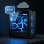 Gabinete de PC com lateral de vidro e a placa de vídeo acesa, com um balão de conversa iluminado saindo de dentro dele