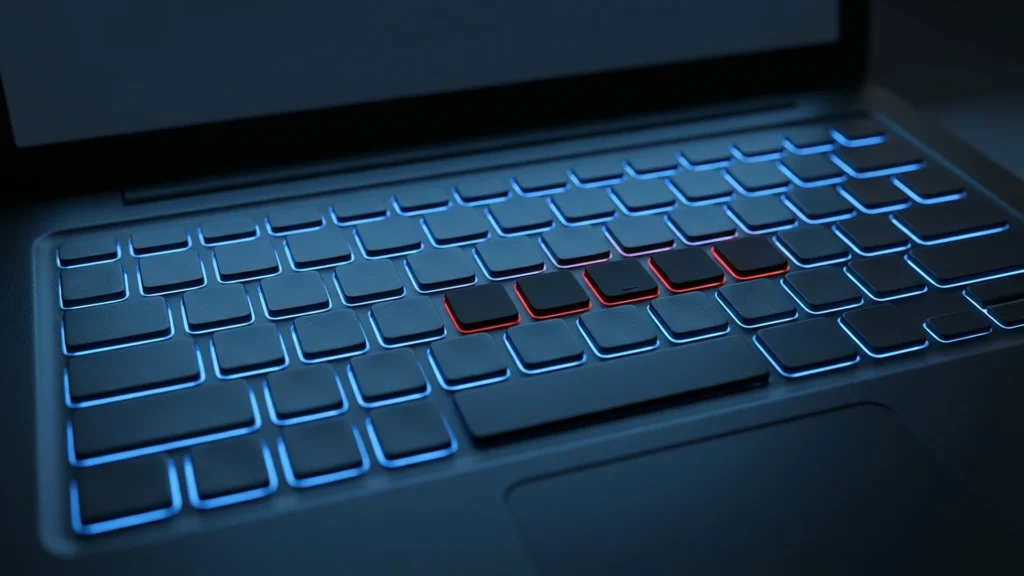 Teclado de notebook em close com a maioria das teclas acesas em azul e algumas apagadas em vermelho