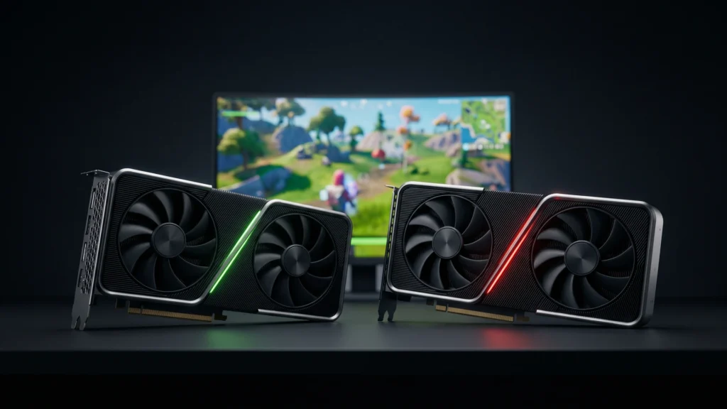 Duas placas de vídeo genéricas lado a lado, uma com luz verde e outra com luz vermelha, ilustrando a comparação entre GeForce e Radeon